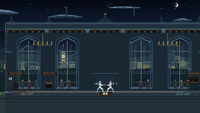Actual in-game screenshot of Piste Break: two fencers en garde in the Salle d'Armes at night